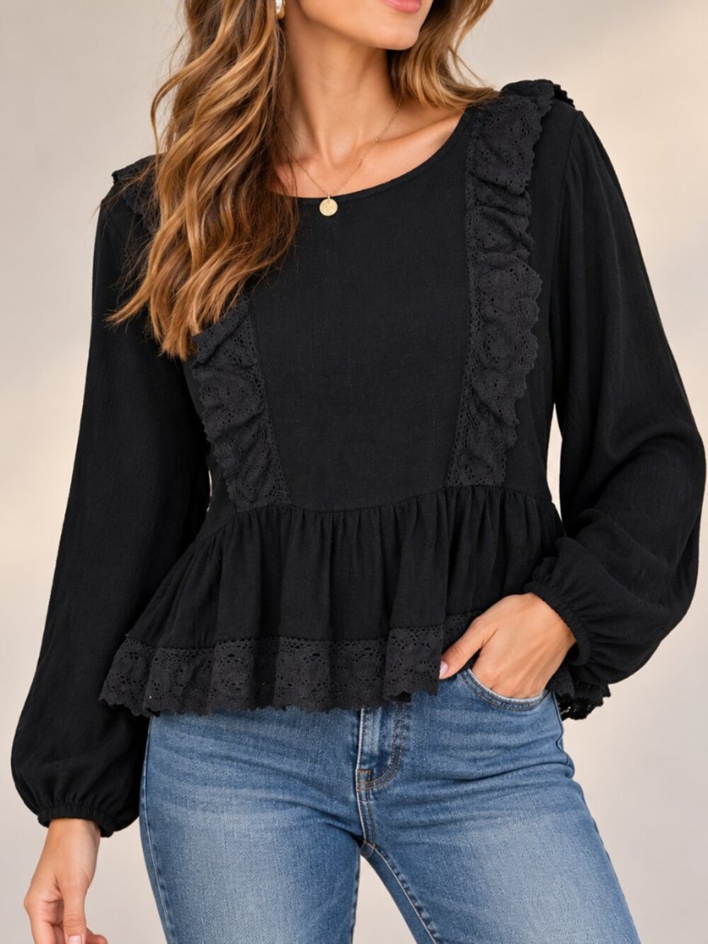 Umgee Black Linen Blend Lace Ruffle Peplum Top Medium
